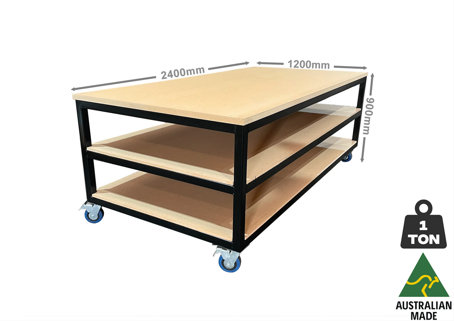 Heavy Duty Mobile Workbench 2400mmL X 1200mmW X 900mmH with shelf.