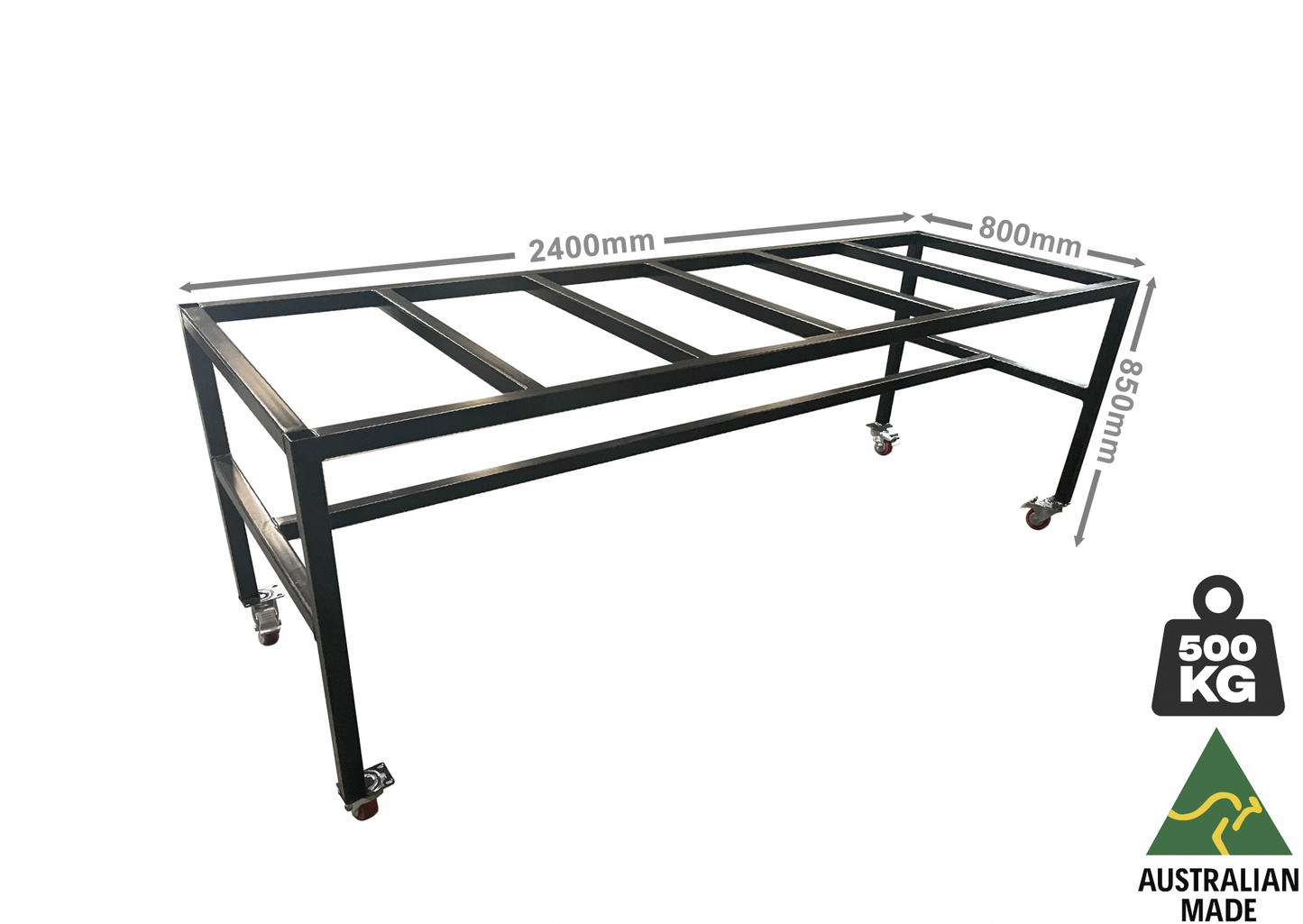 Heavy Duty Elevated Steel Trolley Frame. 2400mmL x 800mmW x 850mmH.